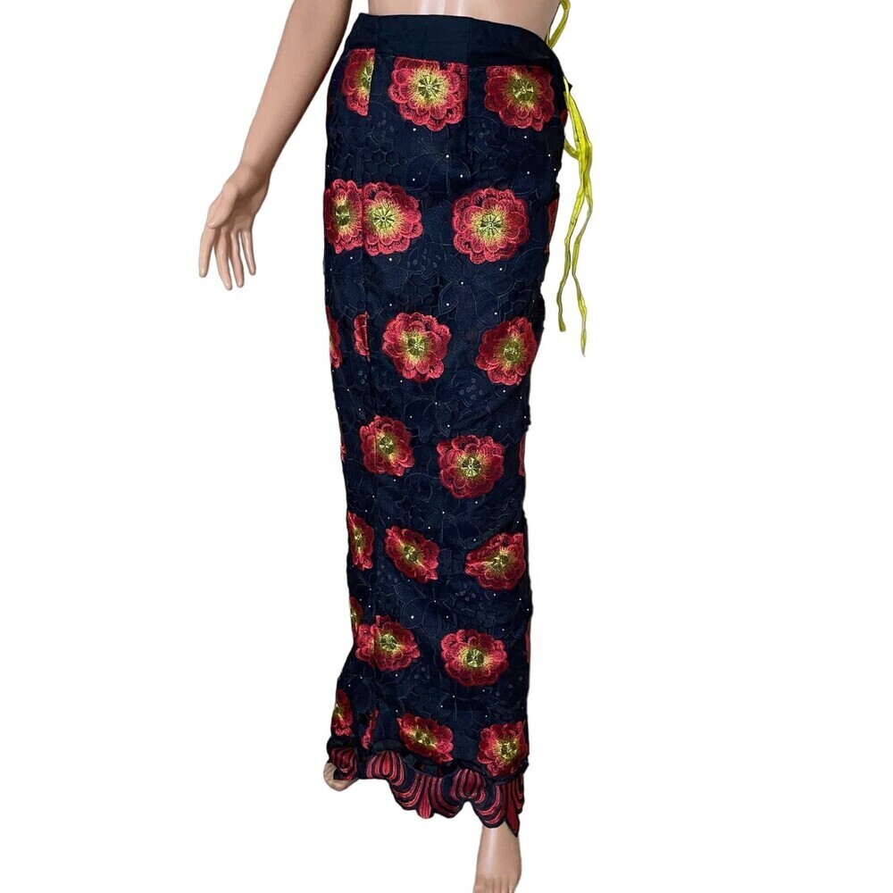 wrap skirt black red floral lace overlay textured bling rhinestone ruffle bottom - Picture 2 of 7